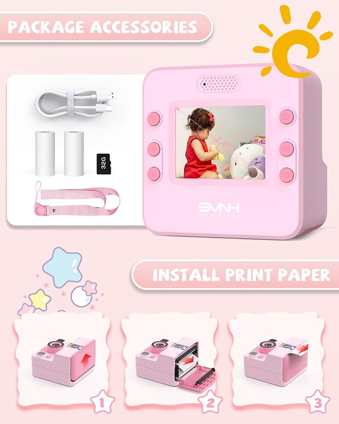 Kids Camera Instant Print, Digital Camera for Kids, 180° Rotating Selfie Lens with 32GB SD Card & 2 Rolls Printing Paper Kids Toy Birthday Gifts for Boys Girls Ages 3-12, Pink