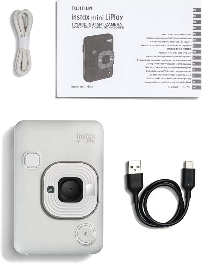 Fujifilm Mini LiPlay Hybrid Instant Camera with Mini Film, 32GB microSD Card, Charging Cable, Hand Strap and Pixibytes Microfiber Cleaning Cloth... (Misty White + 40 Sheets)