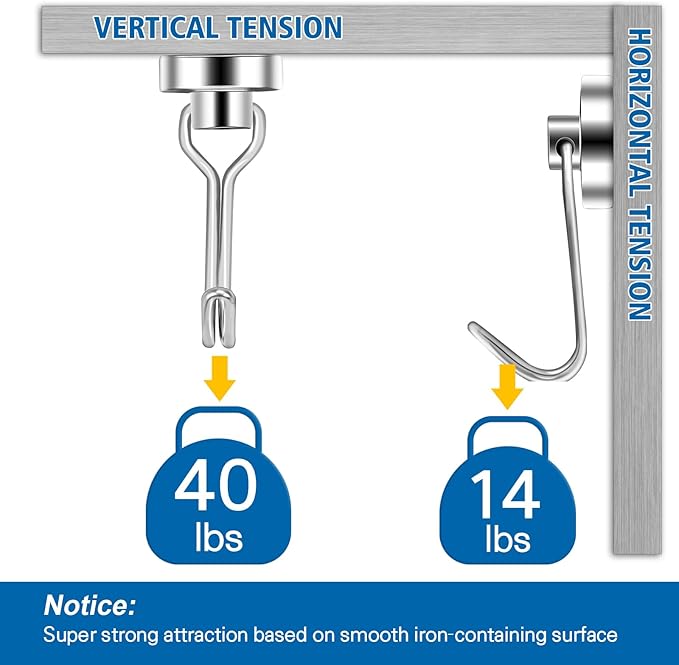 BAVITE E Swivel Swing Magnetic Hooks New Upgraded, 40LB(8pack) Refrigerator Magnet Hook,Strong Neodymium Magnets, Perfect for Refrigerator and Other Surfaces,62mm(2.44In) in Length