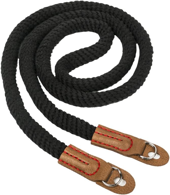 MINI GAGA Vintage Handmade Cotton Leather Rope Camera Neck Strap for Micro Single and DSLR Camera Long Black