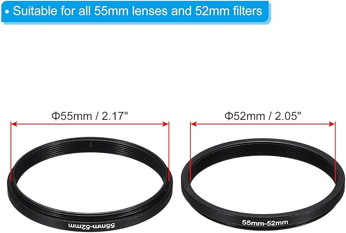 PATIKIL 55mm-52mm Metal Step Down Ring with Cleaning Cloth, 2 Pack Camera Lens Filter Adapter Ring Aluminum Filter Adapter Ring for Camera Lenses Hood, Black