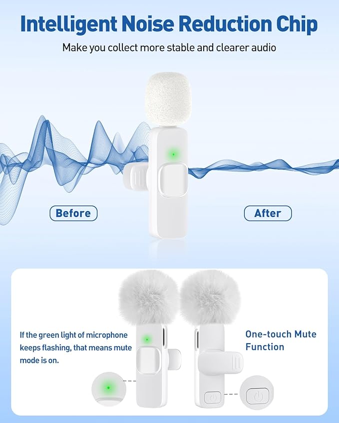 PoP voice USB C Mini Microphone for iPhone 16/15/14/Android, Wireless Lavalier Microphone with Noise Reduction, Lapel Lav Mic for Vlog YouTube TikTok Recording, 12H, 65ft (White)