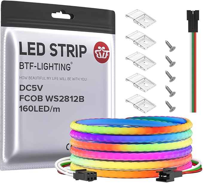 BTF-LIGHTING FCOB COB XGB1338(WS2812B) IC RGB 160LED/m 480IC LED Strip DC5V 9.8FT Individual Addressable Flexible High Density Uniform Light Dream Chasing Color 0.19in Width(NO Adapter or Controller)