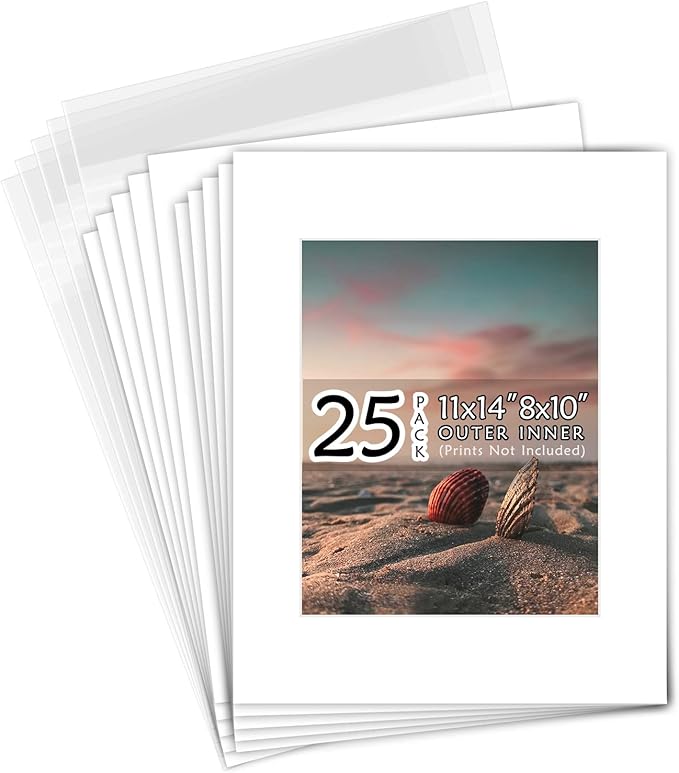 Golden State Art, Acid Free, Pack of 25, 11x14 White Picture Mats Mattes with White Core Bevel Cut for 8x10 Photo + Backing + Bags