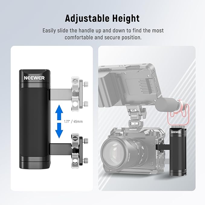 NEEWER Side Handle Grip Compatible with SmallRig NEEWER Camera Cage, Lightweight Camera Handle Rig with Dual 1/4" Screws (18mm-20mm Spacing), 1/4" Threads, Cold Shoe, Up and Down Adjustable, CA022H