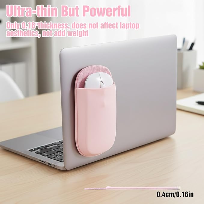 Slim Mouse Holder for Laptop, Universal Wireless Mouse Sleeve Pouch for Laptop Stick on, Pink Adhesive Computer Mouses Pocket Holder Case, No Glue Residue