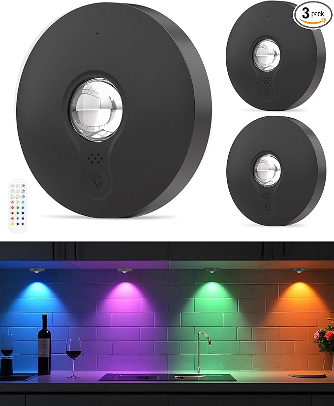 Rechargeable RGB Puck Lights with Remote Control, 1500mAh Battery Operated Push Lights, Dimmable & Timer Under Cabinet Lighting for Closet, Bedroom, Kitchen Black 3Pcs