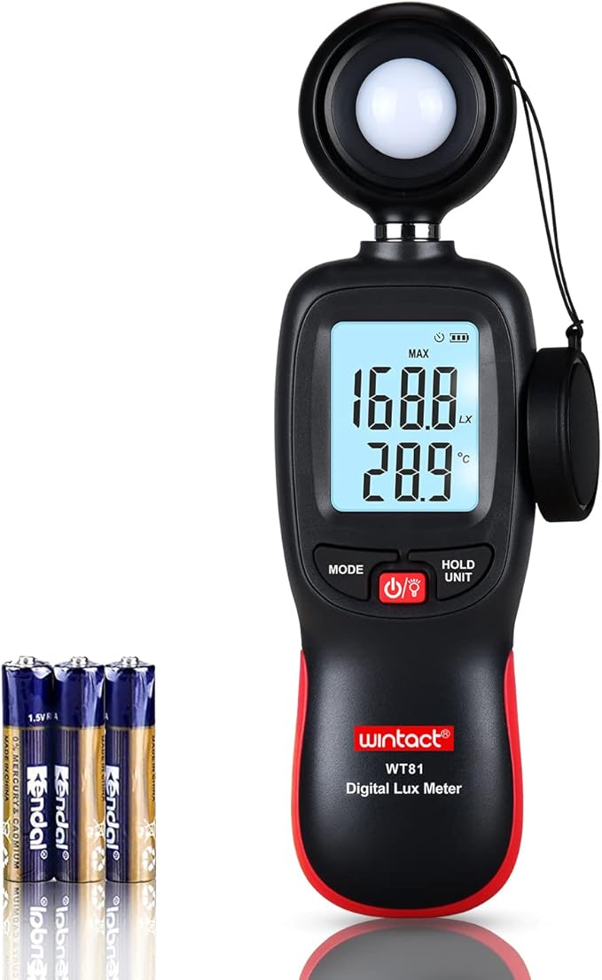 Wintact Digital Illuminance Light Meter Handheld with Thermometer Ambient, Lux Meter Range up to 200,000 Lux, Photometer Light Intensity Sense Test for Garden Indoor Plants LED Grow Light, Photography