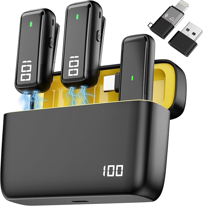 Upgraded 3 in 1 Wireless Lavalier Microphones with Charging Case for iPhone&USB C Android&Laptop,Noise Cancelling Lapel Mic Cordless Mini Mic for Video Recording Vlogging, YouTube, Interview