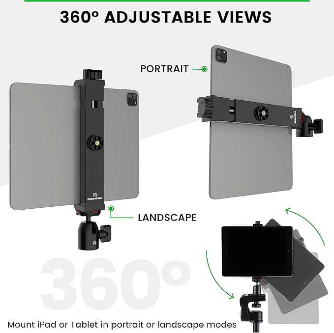KobraTech TabMount 360 iPad Tripod Mount Holder | Includes Swivel Ball Head and Bluetooth Remote | KobraTech iPad Holder for Tripod (Mount Only)
