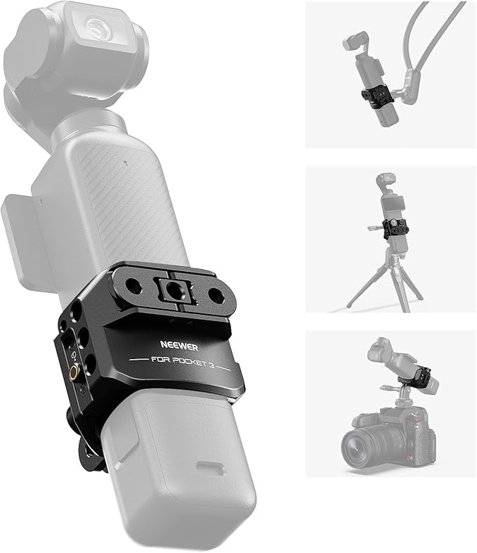 NEEWER Pocket 3 Cage, Aluminum Alloy Gimbal Camera Video Recording Rig with Built in Action Camera Accessory Adapter 1/4" Threads Compatible with DJI Osmo Pocket 3, No Assembly Needed, AC009