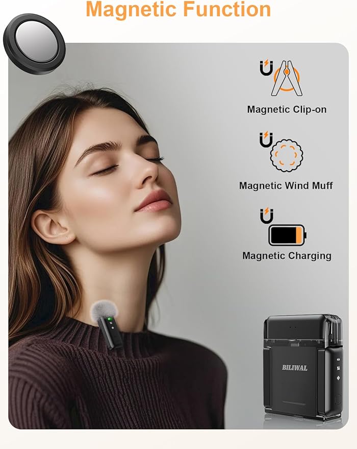 Wireless Lavalier Microphone for iPhone/Android/Laptop with Magnetic Wind Muff/Patch/Clip, Mini Mic with Noise Reduction, 35 H Battery Life via Charging Case, Lightning/USB-C/USB A Plug&Play