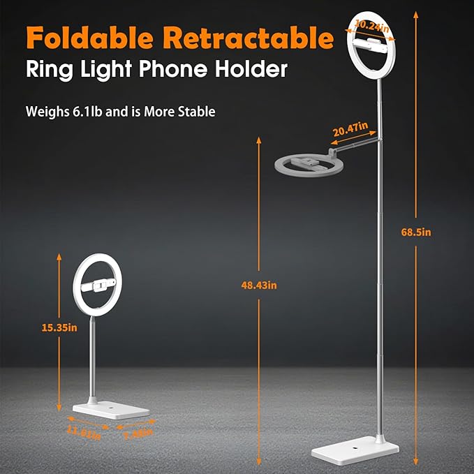 yAyusi 68.5" Overhead Phone Mount with Ring Light for iPhone, 3000mAh 360° Rotation Foldable Rechargeable Ring Light Phone Holder for Video Recording, Live Streaming, Artistic Creation, TikTok,YouTube