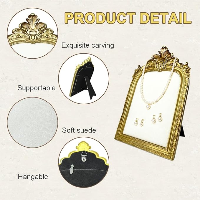 2 PCS Gold Resin Jewelry Display Stand Vintage Necklace Organizer Photo Frame Ring Holder Earring Tray Jewelry Photography Props Frame with Velvet Backing Elegant Décor for Jewelry and Collectibles