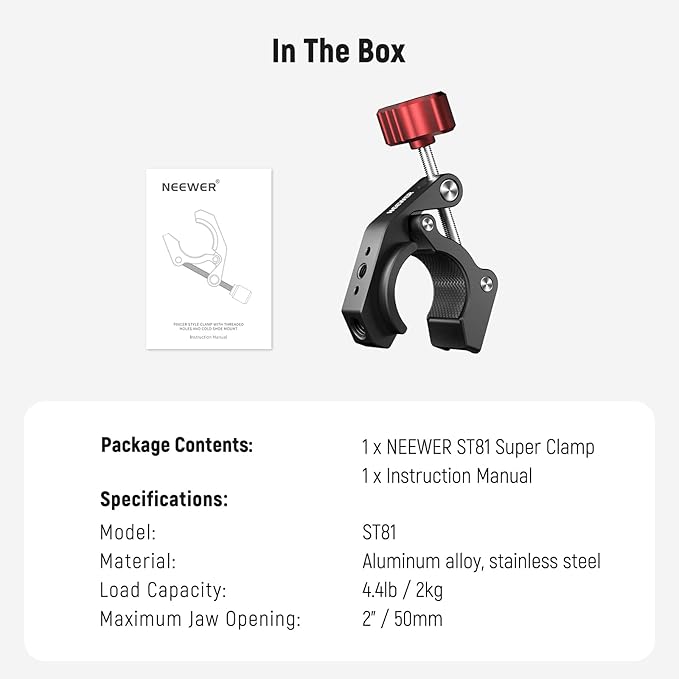 NEEWER Super Clamp with Cold Shoe & 1/4 Inch 3/8 Inch Thread Holes, Max. Load 4 kg, Crab Shaped Camera Tripod Holder for Most Photo Accessories, Compatible with SmallRig Magic Arm, Red ST81