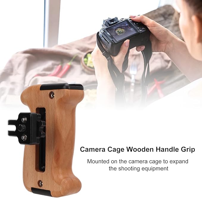 Camera Cage Handle Grip Wood Top Handle with Cold Shoe Mount and 1/4 Inch Screw Holes, Aluminum Alloy Durable Lightweight - Ergonomic Comfortable Grip for DSLR and Smartphone
