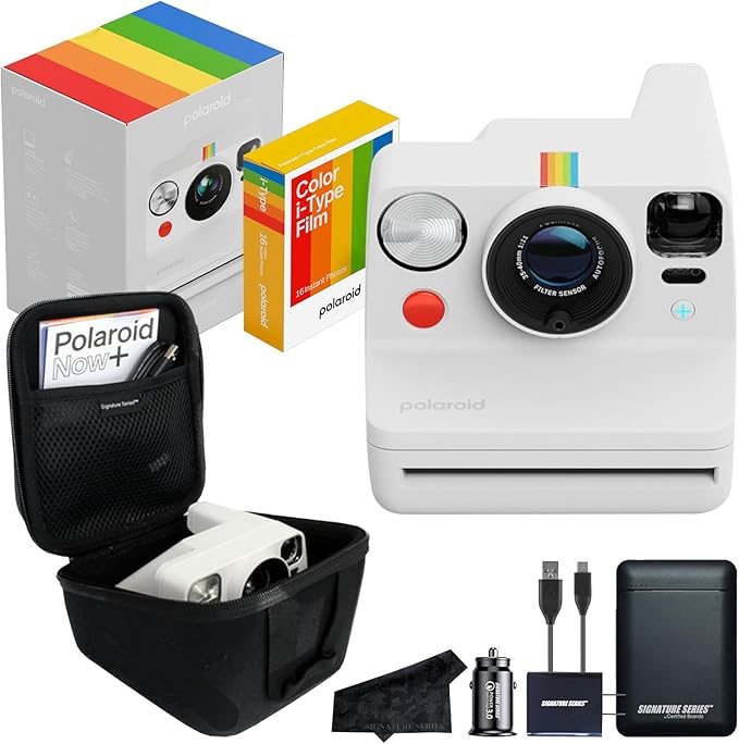 Polaroid Now+ 3rd Generation Bluetooth i-Type Instant Camera with 16 Color Film Photos, White | App Controlled with Signature Series Power Bundle