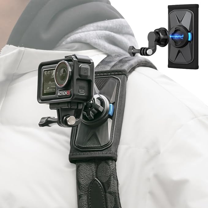 SUREWO Magnetic Backpack Mount,360° Backpack Shoulder Strap Mount with Universal Ball J Hook Compatible with Go Pro Hero 13/12/11/10/9/8/7/6/5 Black,DJI Osmo Action 5 pro/4/3 and More