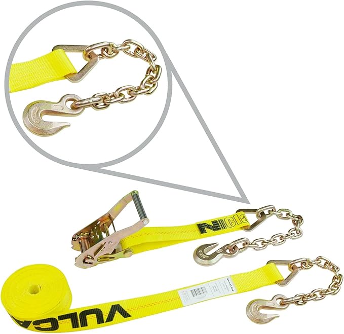 VULCAN Ratchet Strap with Chain Anchors - 2 Inch x 30 Foot - Classic Yellow - Case of 3-3,600 Pound Safe Working Load