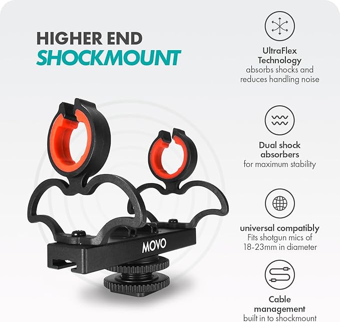 Movo SM6H Ultraflex Premium Shockmount for Shotgun Microphones with Grip Handle – Compatible with Rode NTG Series, Sennheiser MKE600, Audio-Technica AT875R, and More