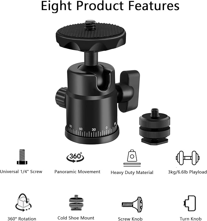 Universal 1/4" Swivel Mini Ball Head Screw Tripod Mount with Hot Shoe Mount, EszkozTA 360° Panoramic Rotating Mount Base Adapter for DSLR Cameras HTC Vive Tripods Monopods Light Stand