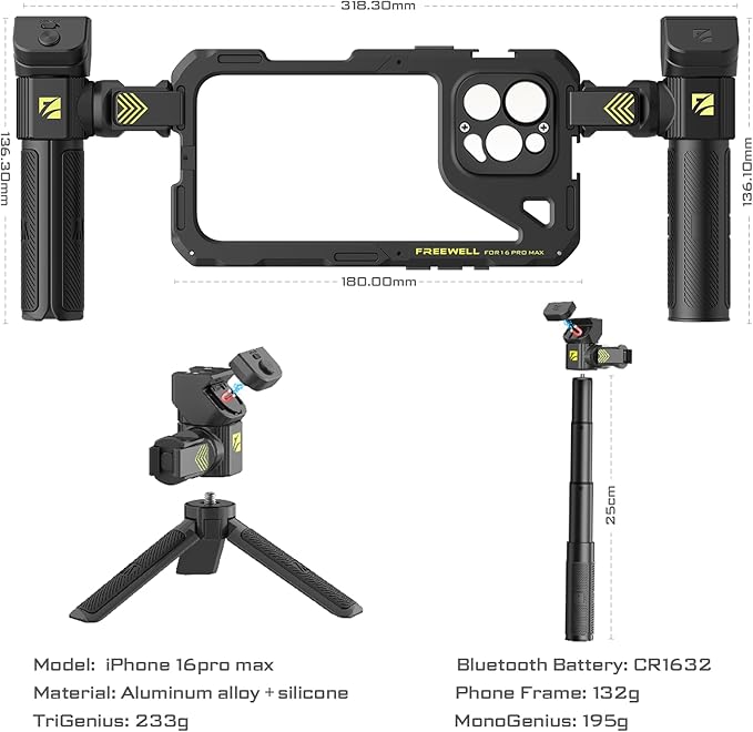 Freewell Genius Rig Cage for iPhone 16 Pro Max - Tool-Free Setup, Multifunctional Tripod and Monopod Handles, Bluetooth Remote