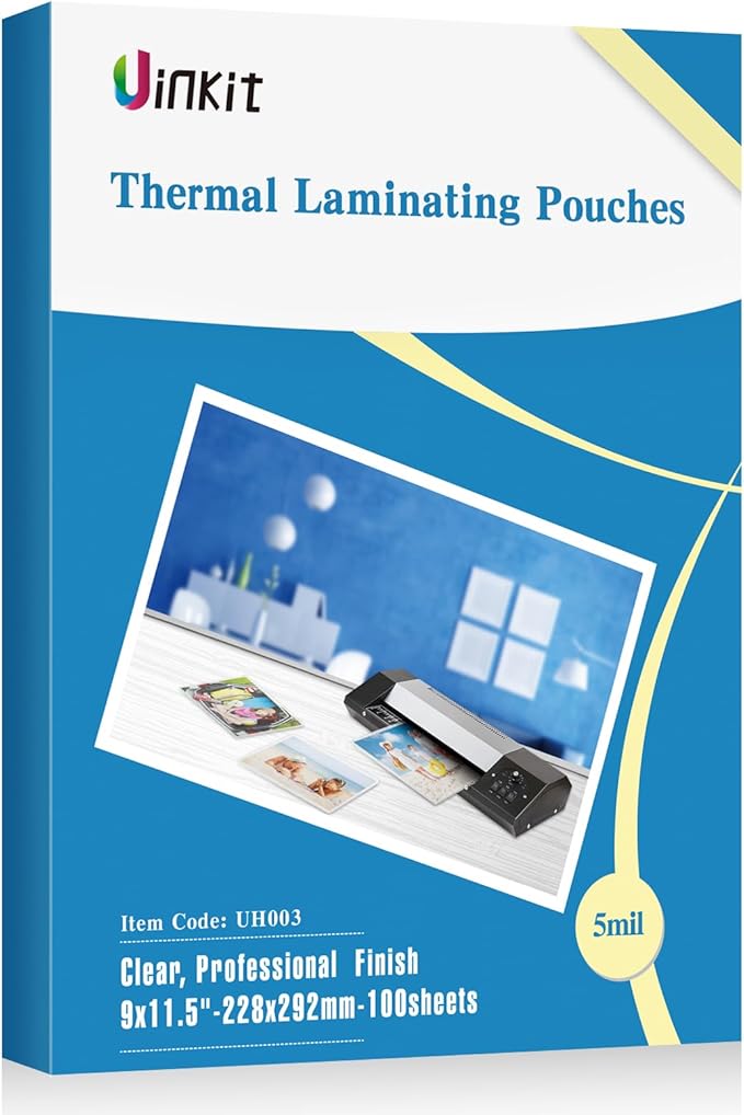 Uinkit 5Mil 100Pack Hot Thermal Laminating Pouches 9x11.5-Inches Laminating Sheets, for Sealed Photo and Documents Clear Letter Size 8.5x11-Inches Laminated Paper