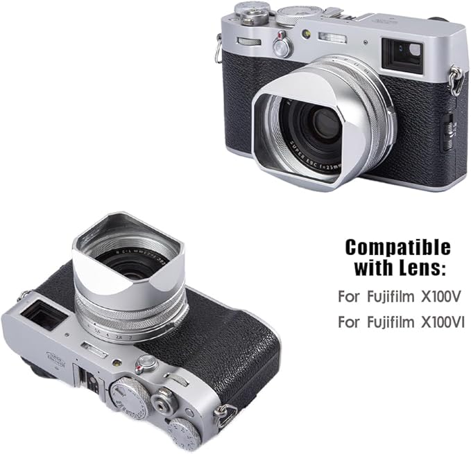 Metal Square Lens Hood (with Cap) with 49mm Adapter Ring for Fujifilm X100V/X100VI Camera Accessories (X100VI-Lens Hood-Silver)