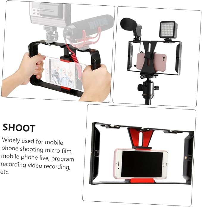DOITOOL Smartphone Filmmaking Rig Case with Tripod Mount for Recording Black Red Phone Frame Holder for Mobile Film Live Streaming Vlogging and Podcast Use