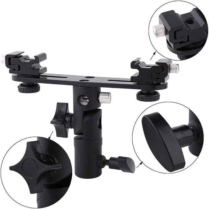 Camera Flash Brackets, Speedlight Mount Dual Hot Shoe Speedlight Stand, 1/4" to 3/8'' Umbrella Holder Light Stand Bracket for Photo Video Photography