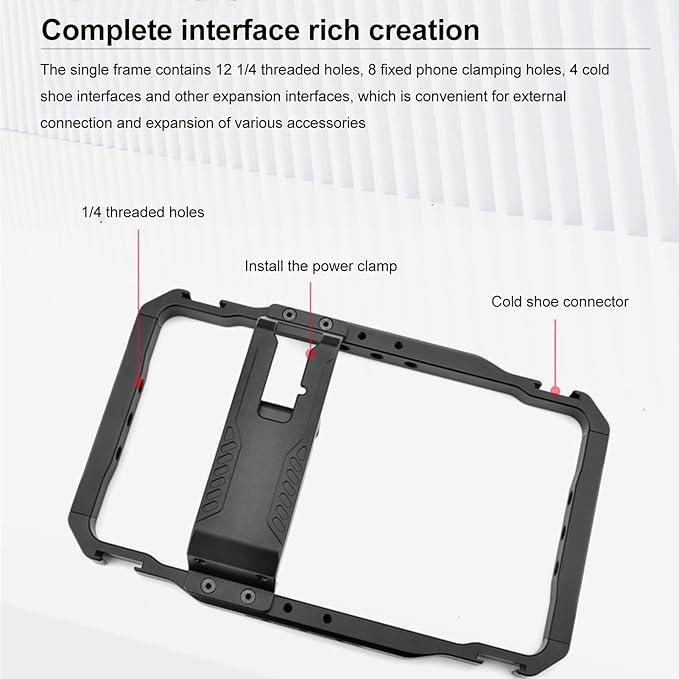 Universal Phone Cage, Aviation Aluminum Phone Video Rig with 12x 1/4 Threaded Holes 4X Cold Shoe Openings, Dual Handle Power Bank Stand, for Pixel 5580mm Width