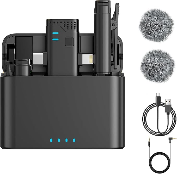 2 in 1 Professional Wireless Lavalier Microphone for Android, iPhone iPad with Charging Case Noise Cancellation Plug-Play Clip on Lapel Mic for YouTube, Recording, Facebook Live Streaming (Black)