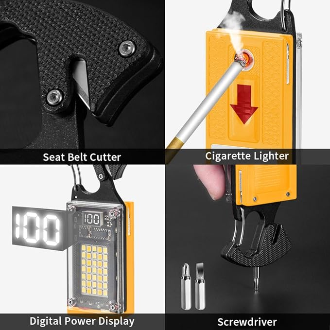 BY-J COB Keychain Work Light, Keychain Light Flashlight, Multi-Function Mini Work Light, 1000 Lumens Rechargeable, 8 Lighting Modes, Fire Starter, Seat Belt Cutter, Screwdriver, Yellow