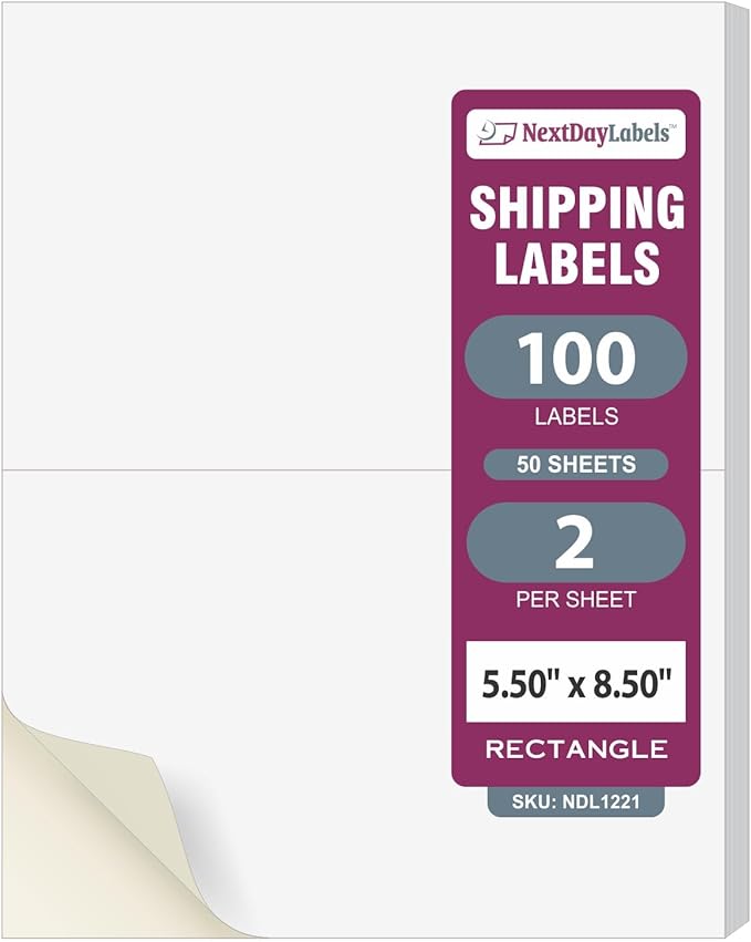 NextDayLabels Half Sheet Shipping Labels 5.5" x 8.5" – Printable Blank Labels for Laser & Inkjet Printers, White Self-Adhesive Stickers, 2 Per Page for Ship, FBA, UPS & FedEx, Made in USA, 50 Pack