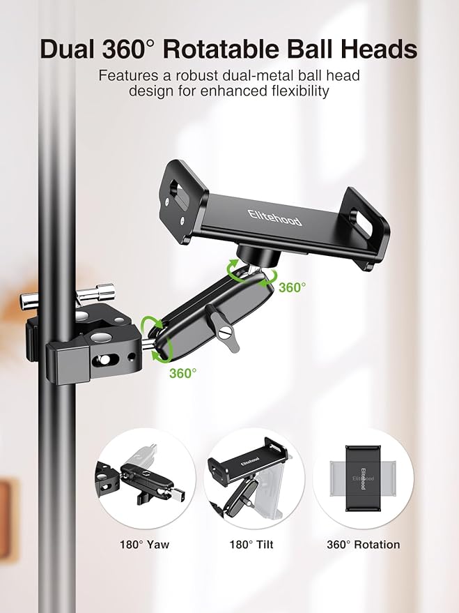 elitehood Aluminum Dual Ball Head Tablet Holder for Mic Stand, Adjustable iPad Mic Stand Holder, Side Mount Microphone Music Stand Phone Holder Mount for iPad, iPhone,4, 7-12.9in Tablets