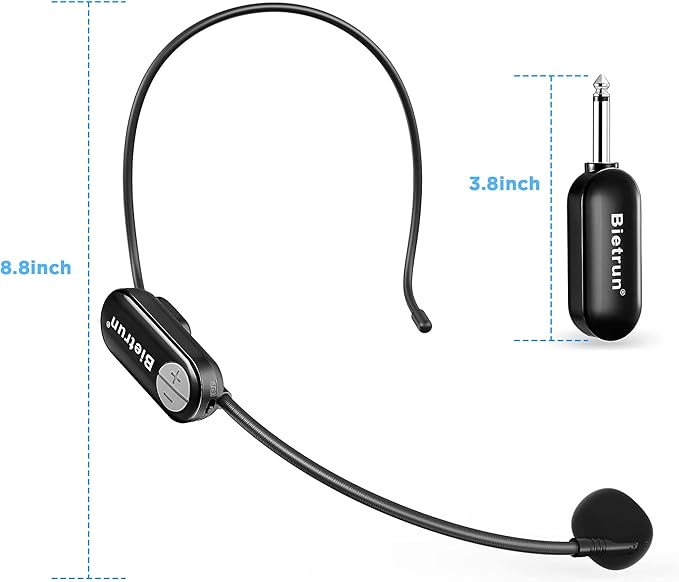 Bietrun Wireless Microphone Headset with 1/4''Plug, 165ft Range, UHF Wireless Headset Mic & Handheld Mic 2 in 1, for Karaoke Speaker, Amplifier, Speakers, PA System, Teaching, Fitness (Black)