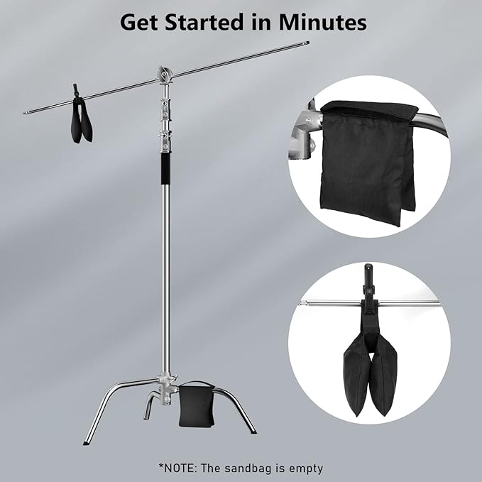 2 Pack Photography C Stand with Boom Arm: 100% Stainless Steel - Max Height 10.5ft/131inch Heavy Duty Light Stand, with 4.2ft/50inch Holding Arm, Grip Head, Sandbag, Backdrop Clamp