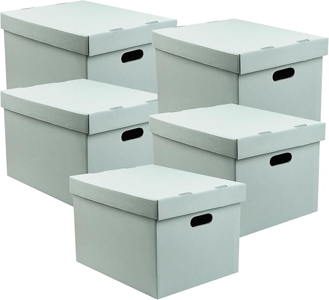 Lineco Archival Record Storage Cartons, Ready-To-Assemble Filing Boxes for Organizing and Storing Documents, Prints, or Photos. Acid-Free, Buffered Corrugated Board, 12x15 x10in, Blue Gray, Pack of 5