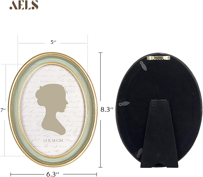 AELS 5x7 Inch Vintage Picture Frame, Elegant Antique Photo Frames with Glass Front, Photo Display, Tabletop Wall Hanging, Gift Ideas, Oval Sage Green with Gold Trim