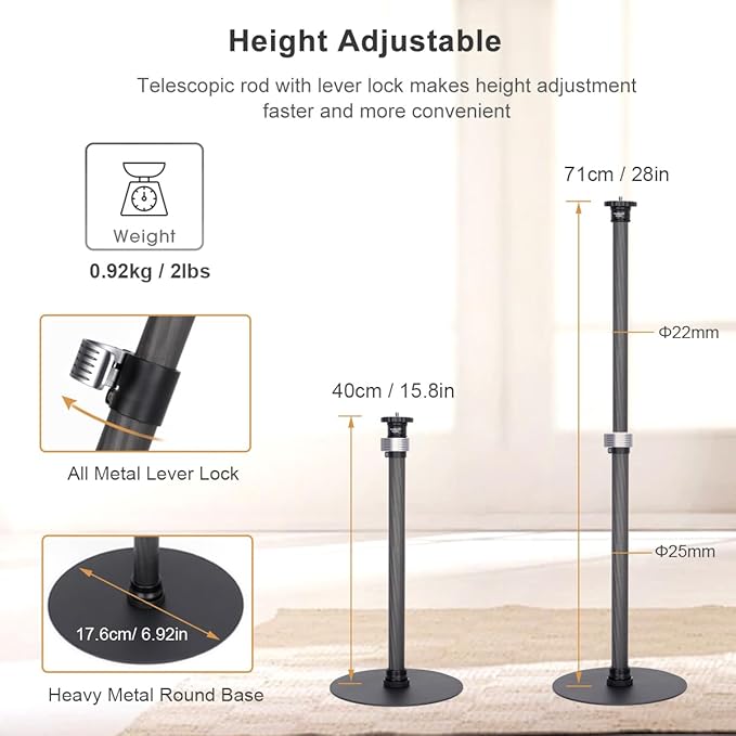 Koolehaoda Monopod Stand for Desk, 16"-28" Adjustable Carbon Fiber Extension Rod with Heavy Base, Table Mount Stand for DSLR Camera, Light, Webcam, Live Streaming, Vlogging