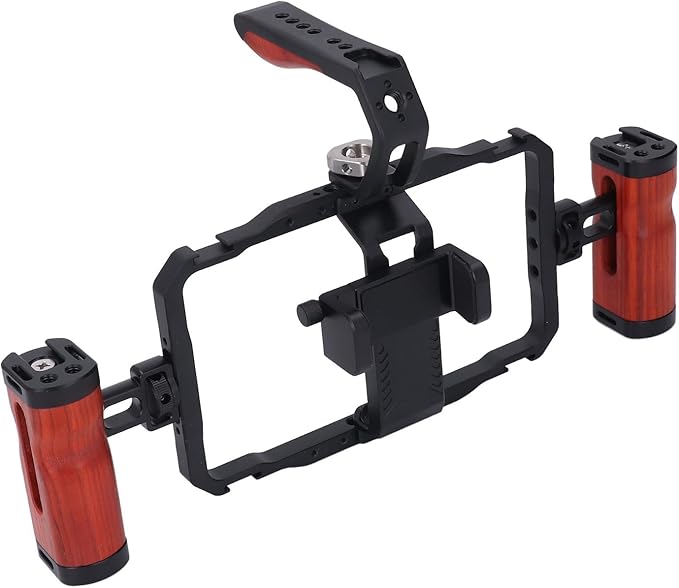 Aluminum Alloy Detachable Dual Wooden Handles Phone Cage for Cellphone Handheld Stabilizer, Smartphone Video Rig Kit, Universal Phone Video Rig Kit for Vlogs Videos Live Streaming