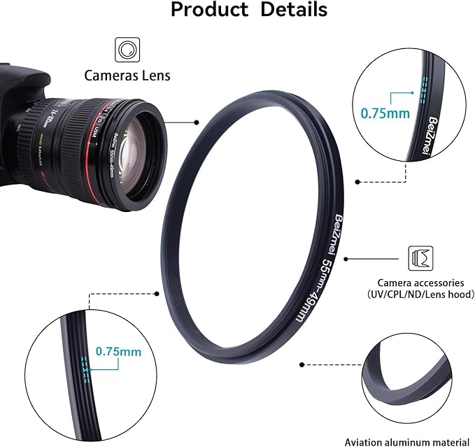 55mm to 49mm Camera Filters Ring,Step-Down Filters Ring Compatiable All Brands Ø55mm Lens to Ø49mm Camera Accessory.Made of CNC.