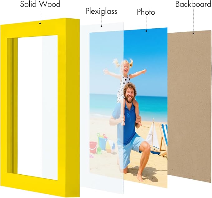 Vittanly 5x7 Picture Frame, Made of Solid Wood and Shatterproof Plexiglass, Wooden Photo Frame for Wall Mounting or Tabletop Display, Picture Frame for Home Decor with Stand, Yellow, 1 Pack