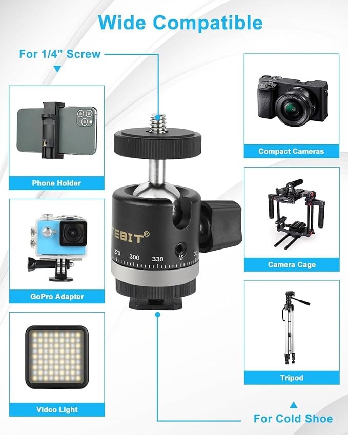UTEBIT Mini Ball Head, Panoramic Tripod Head with 1/4" Camera Hot Shoe Mount DSLR Camera Mount Adapter Photograph Attachment Accessories for Action Cameras Cam Smartphone Light Microphone