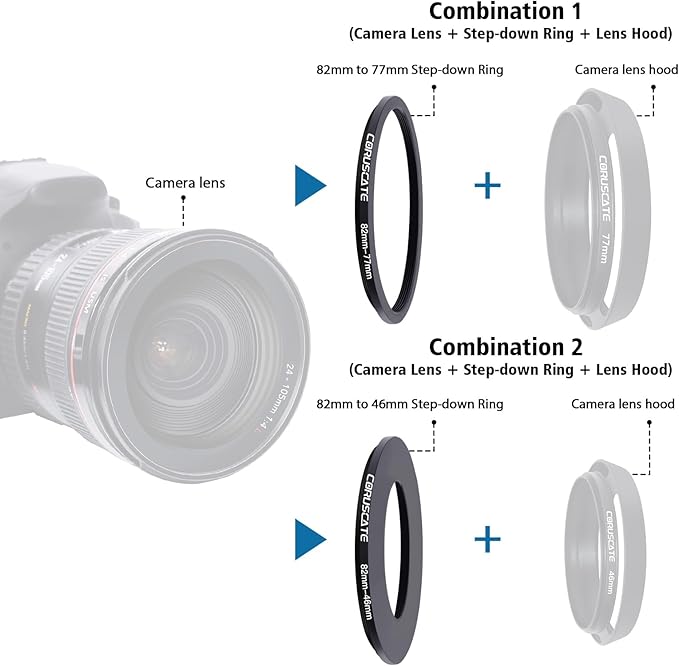 9Pcs 82mm Filter Ring Adapter Set,Metal Step Down Ring for All Brands UV ND CPL 82-46mm,82-49mm,82-52mm,82-55mm,82-58mm,82-62mm,82-67mm,82-72mm,82-77mm