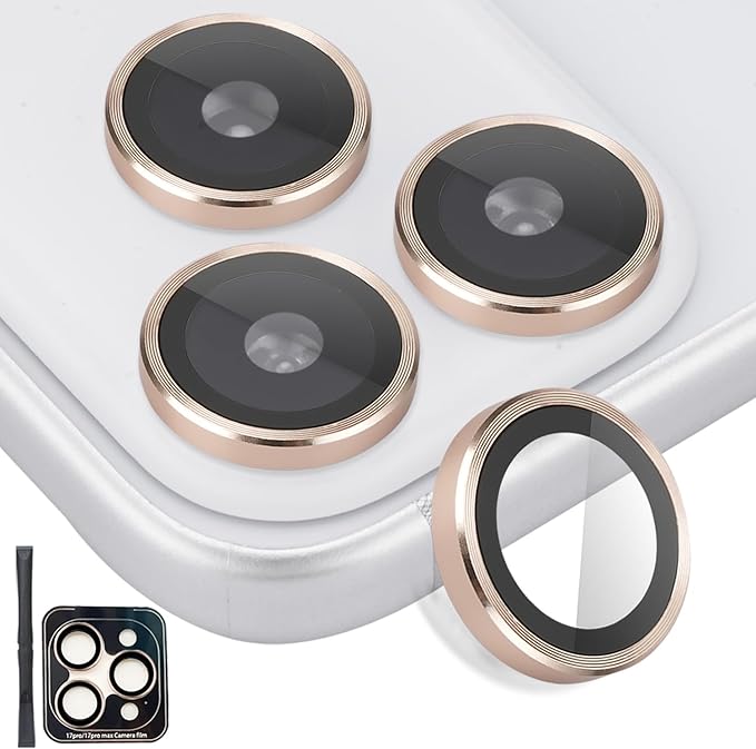 Camera Lens Protector for iPhone 17 Pro/17 Pro Max, Aluminum Alloy Tempered Glass Lens Protector with Installation Frame Fits for iPhone 17 Pro/17 Pro Max (Gold)