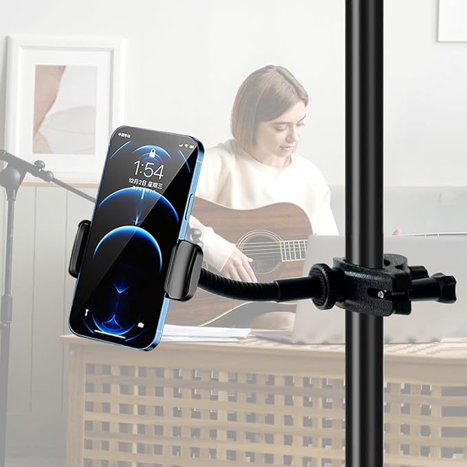 Mic Stand Phone Holder, Flexible Phone Holder for Microphone Stand, Adjustable iPhone Mic Stand Holders, Music Stands Phone Holders for iPhone 14 13 12 MAX Pro Samsung Galaxy All Smartphones