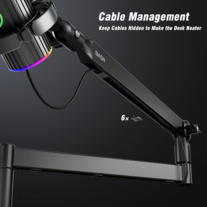 BASN Low Profile Mic Arm, Microphone Boom Arm Stand with Desk Clamp - Rotatable & Storable Design, Cable Management Channel, 3/8" to 5/8" Thread Adapter for Podcast, Gaming, Streaming, Vocal Recording