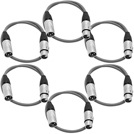 Seismic Audio SAXLX-2 Gray 6-Pack - 6 Pack of 2ft Gray XLR Patch Cables - 3 Pin XLR Male to Female Microphone Cords - 2'