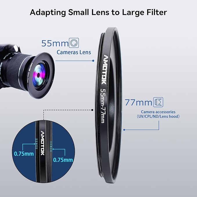 55mm Lens to 77mm Camera Lens Adapter,55mm to 77mm Filter Step-up Ring Adapter Ring,Compatible All 77mm Filter Accessory
